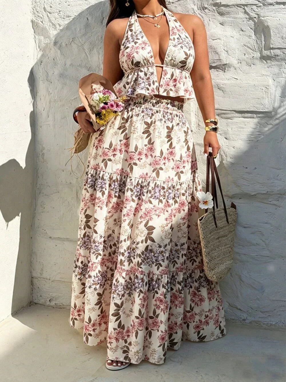 Multicolor Boho Women's Floral Maxi Halter Neck top & maxi  Skirt coord set